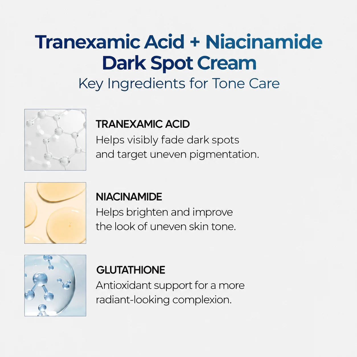 Key ingredients including tranexamic acid niacinamide and glutathione