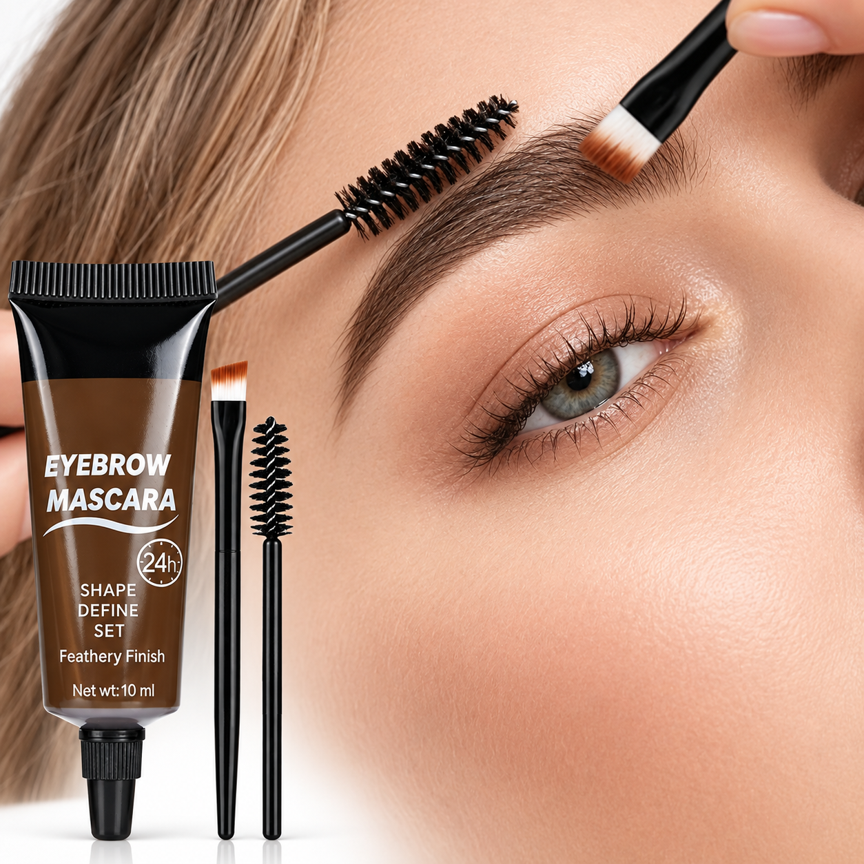 Close-up eyebrow application with angled brush and spoolie brush