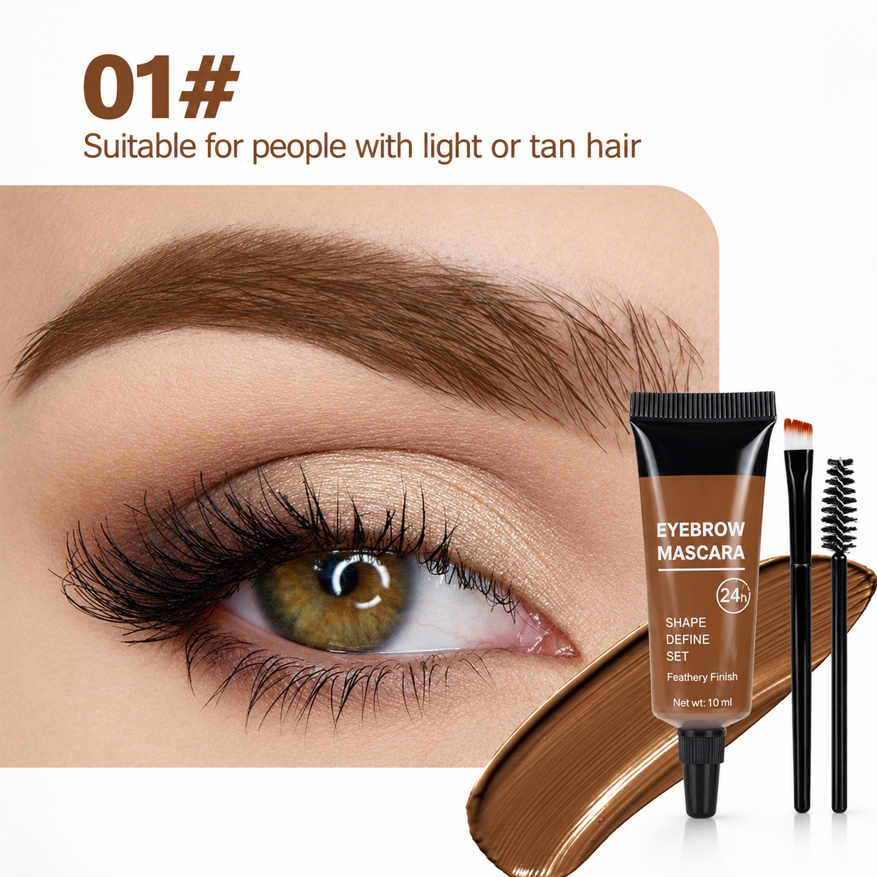 Shade 01 Light Brown eyebrow gel on a light warm brown brow