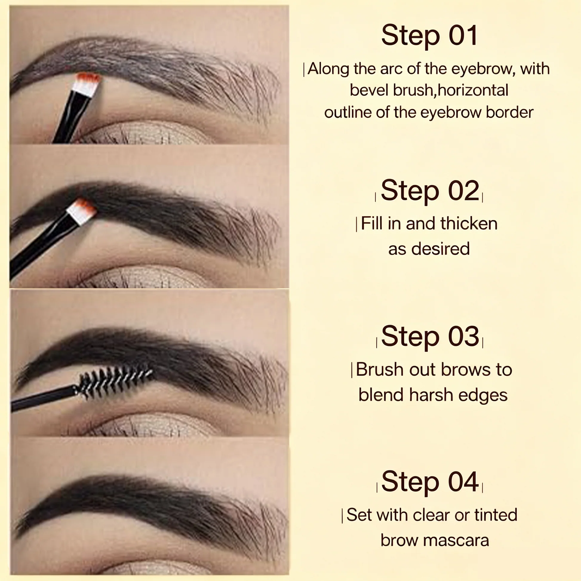 Four step eyebrow gel application guide using angled brush and spoolie