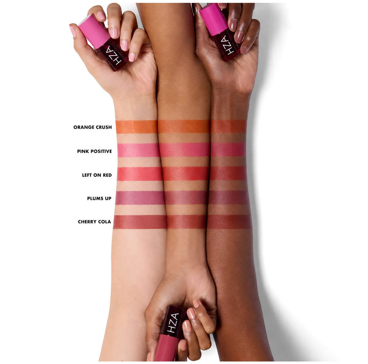 Dewy Bloom Flush Tint shades swatched across multiple skin tones