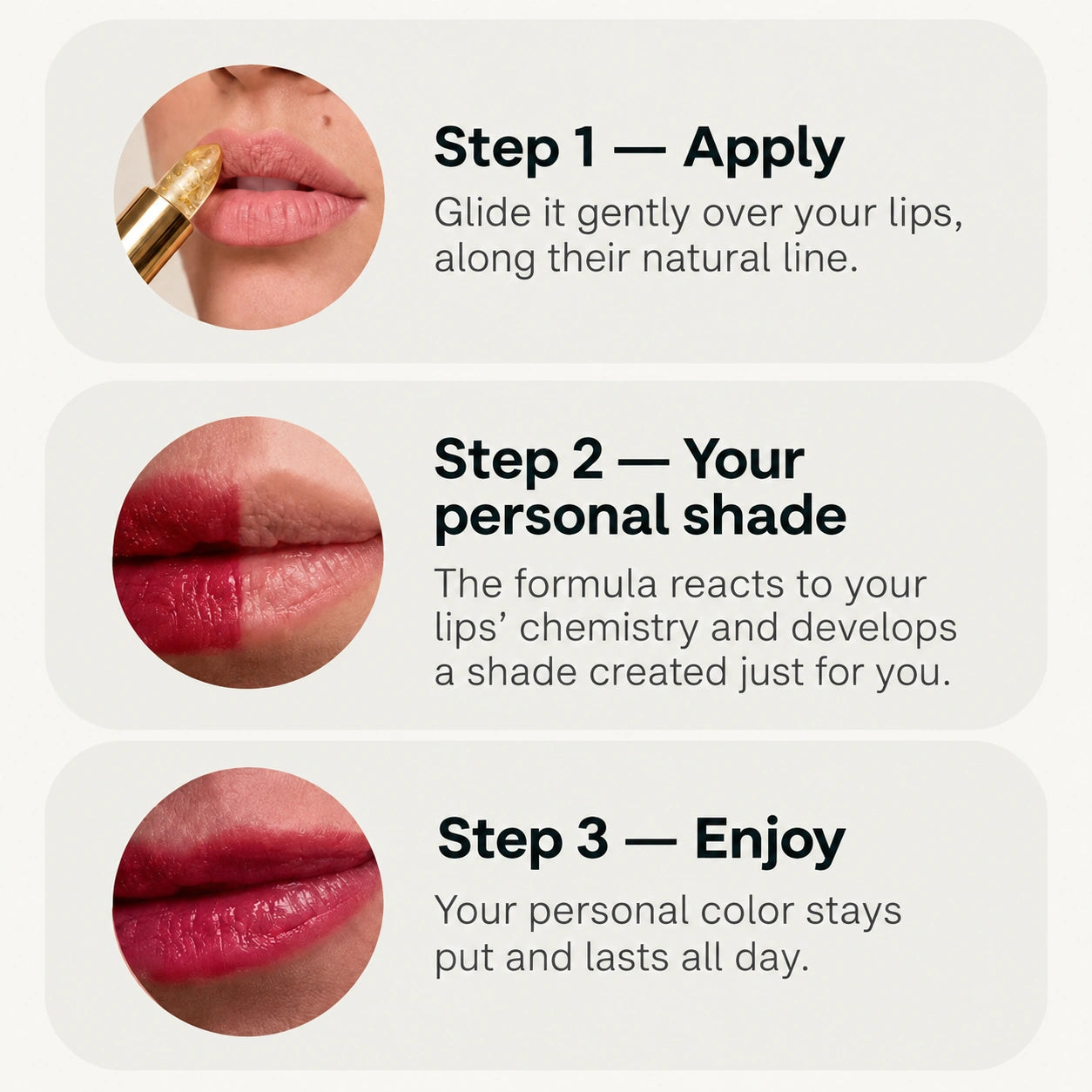 Three steps for applying the pH lipstick