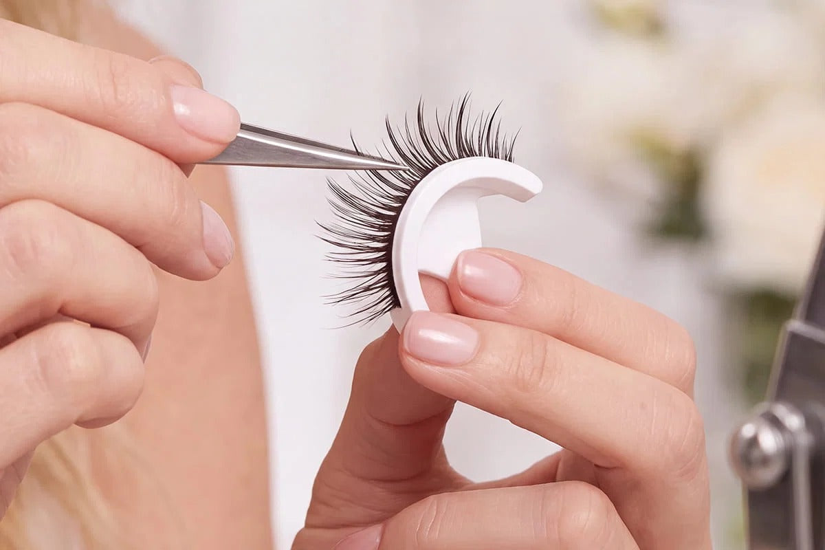 Picking false eyelashes up with tweezers