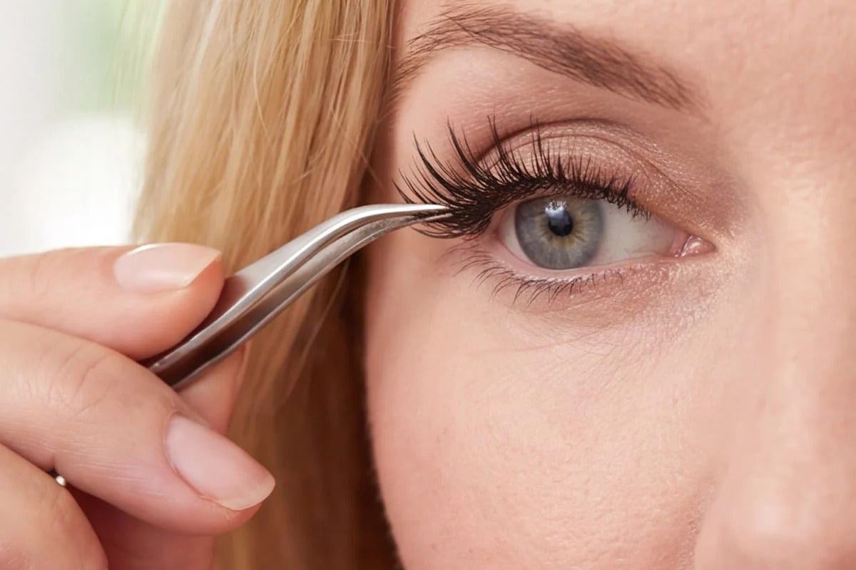 Applying false eyelashes along the lash line