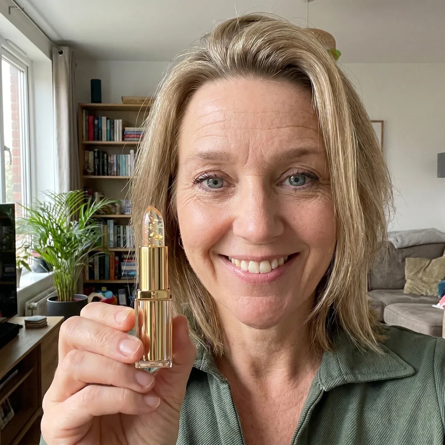 Customer smiling with lipstick