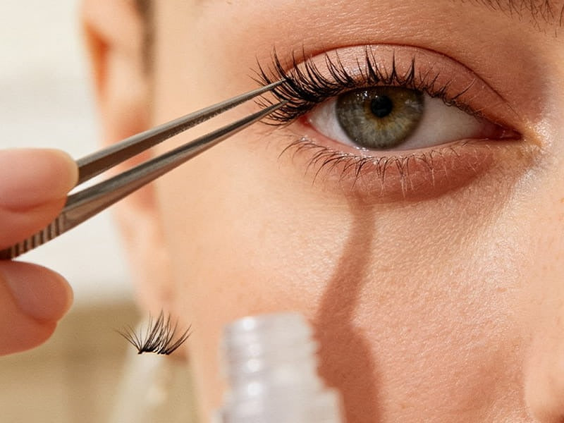 Applying a small eyelash cluster with tweezers