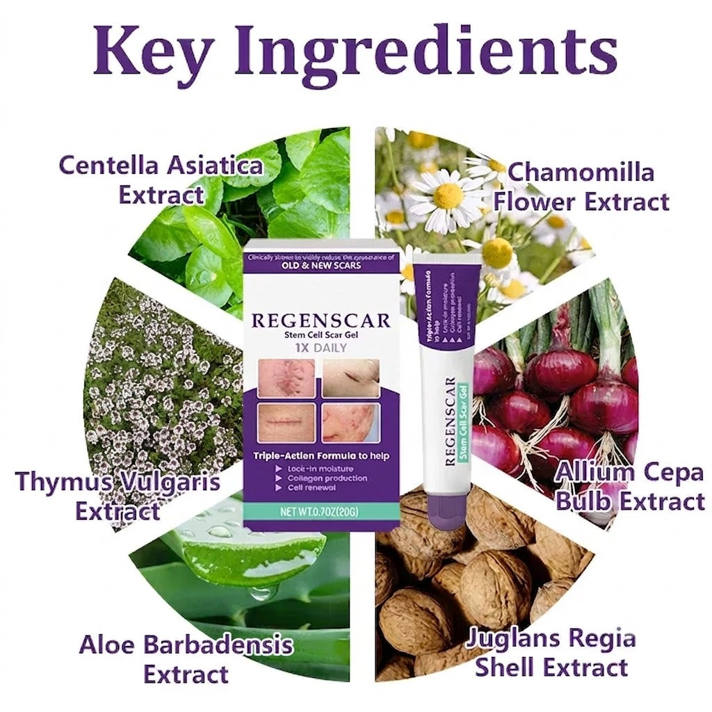 Key botanical ingredients pictured around the Scar Removal Gel product