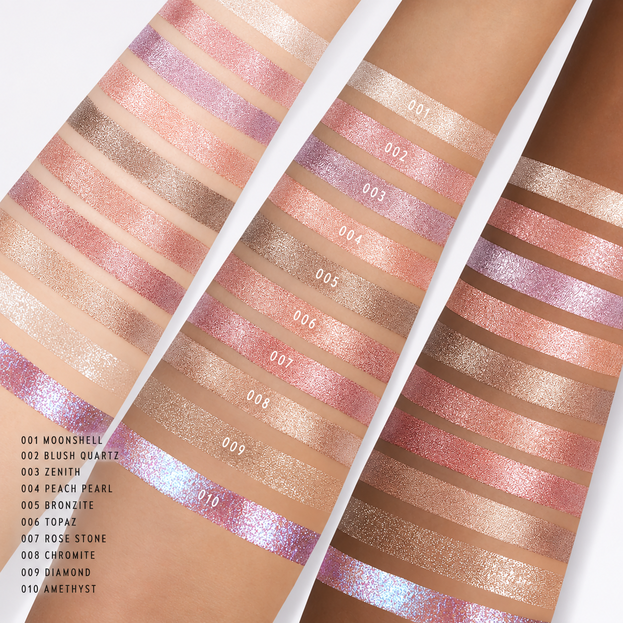 Jelly eyeshadow swatches across multiple skin tones
